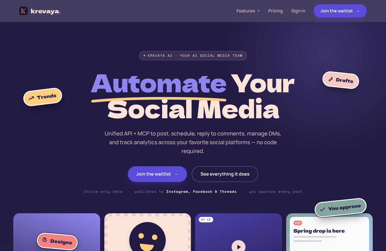 Krevaya — the AI social media workspace, with trends, drafts and designs feeding a queue where you approve every post.