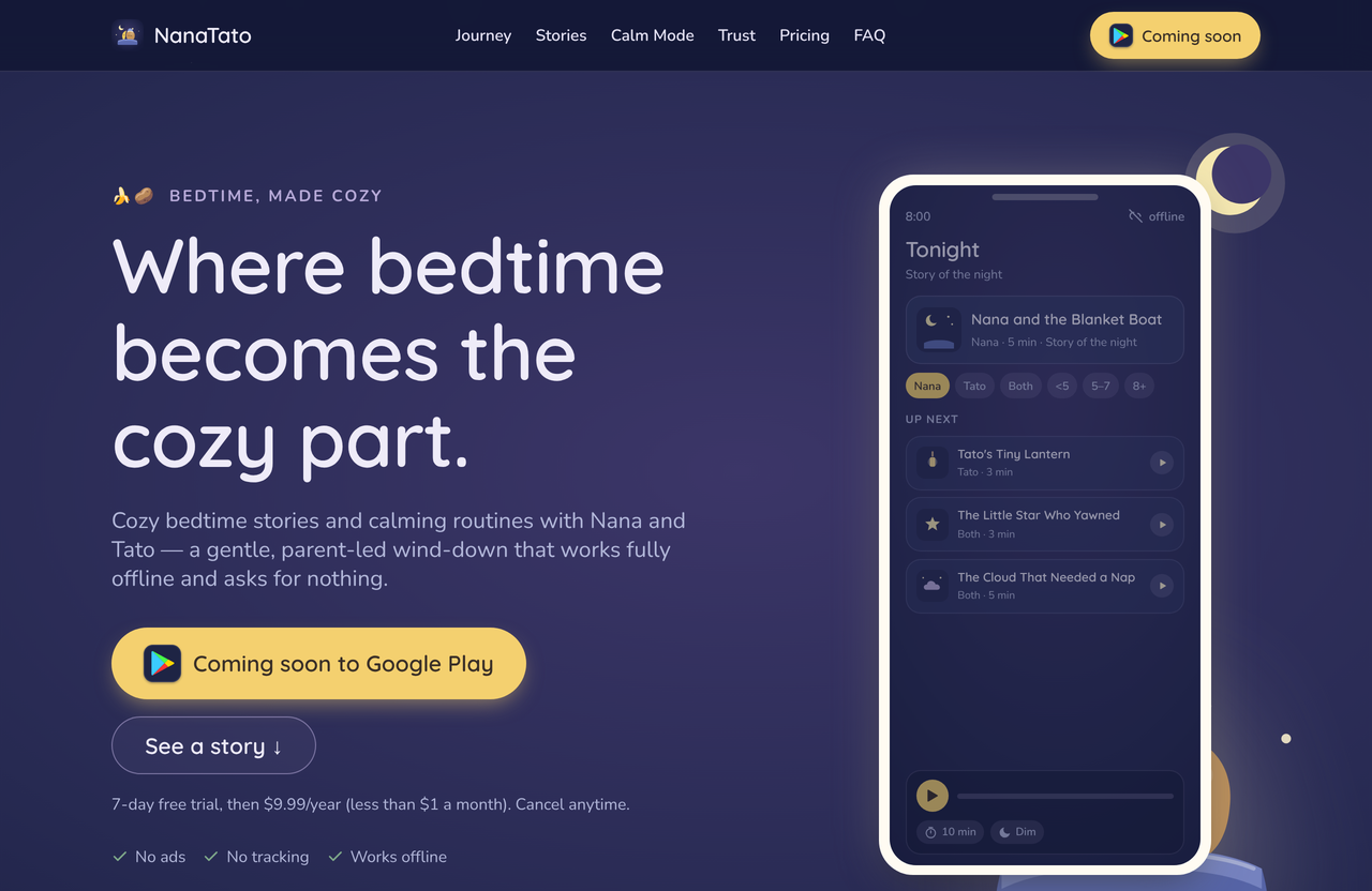 NanaTato — the bedtime app showing tonight’s story “Nana and the Blanket Boat” and the stories queued up next, with the Nana and Tato characters.