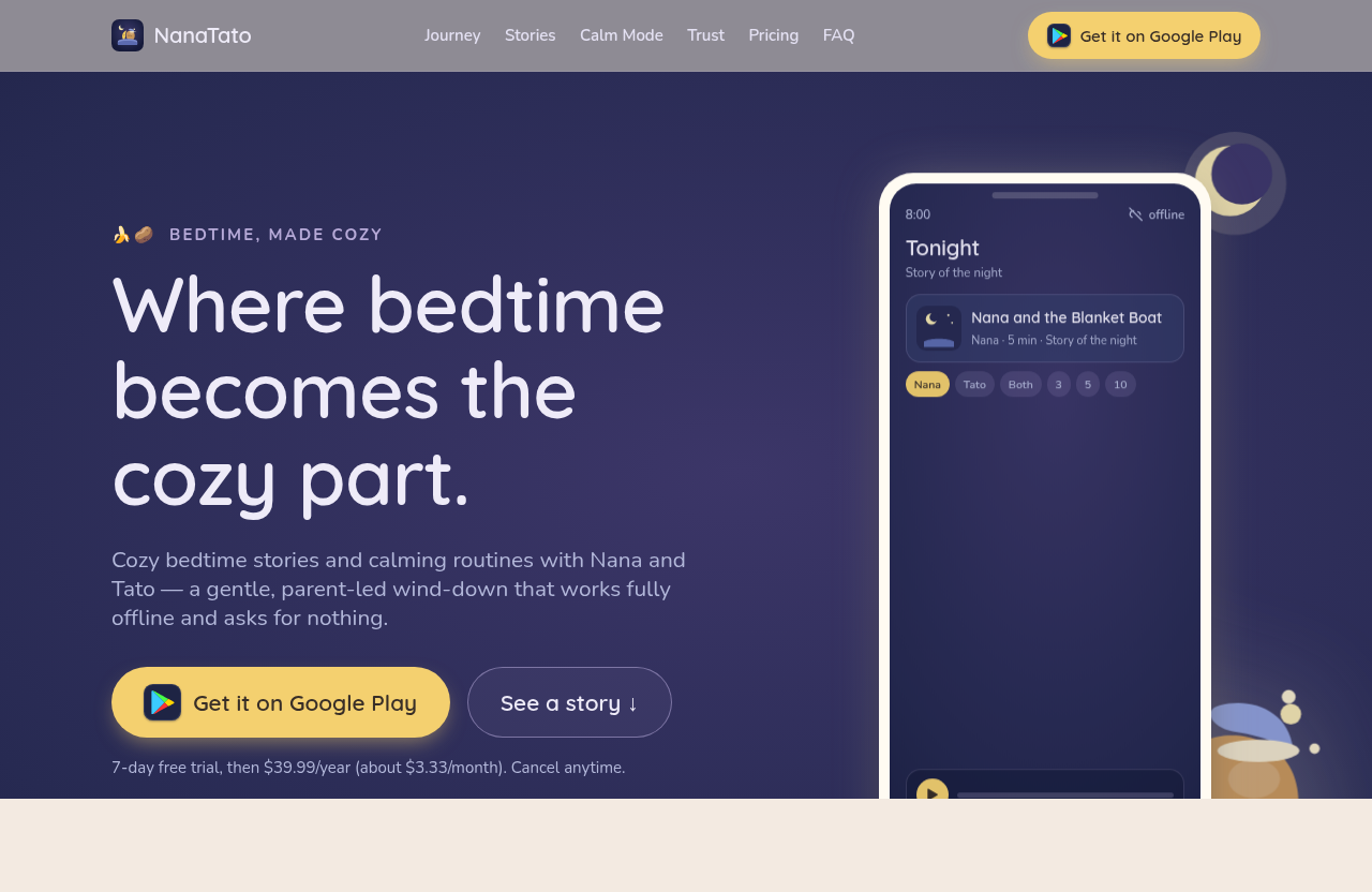 NanaTato — the bedtime app showing tonight’s story “Nana and the Blanket Boat” and a calming routine, with the Nana and Tato characters.