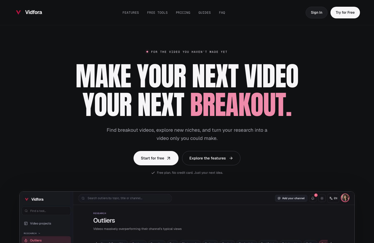 Vidfora — YouTube creator research homepage: “Make your next video your next breakout.” above a preview of the Outliers research workspace.