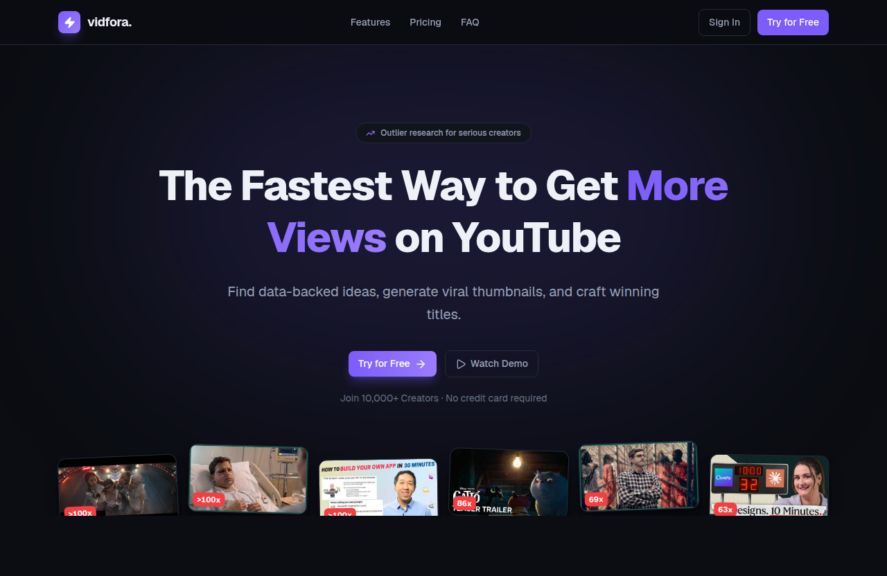 vidfora — a hero of overperforming YouTube videos, each tagged with how many times it beat its channel’s average views.